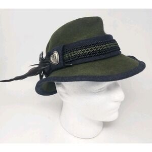 Mayser Fedora Hat Women's M Harlem Loden Marine Wool Felt Feather Charm Germany